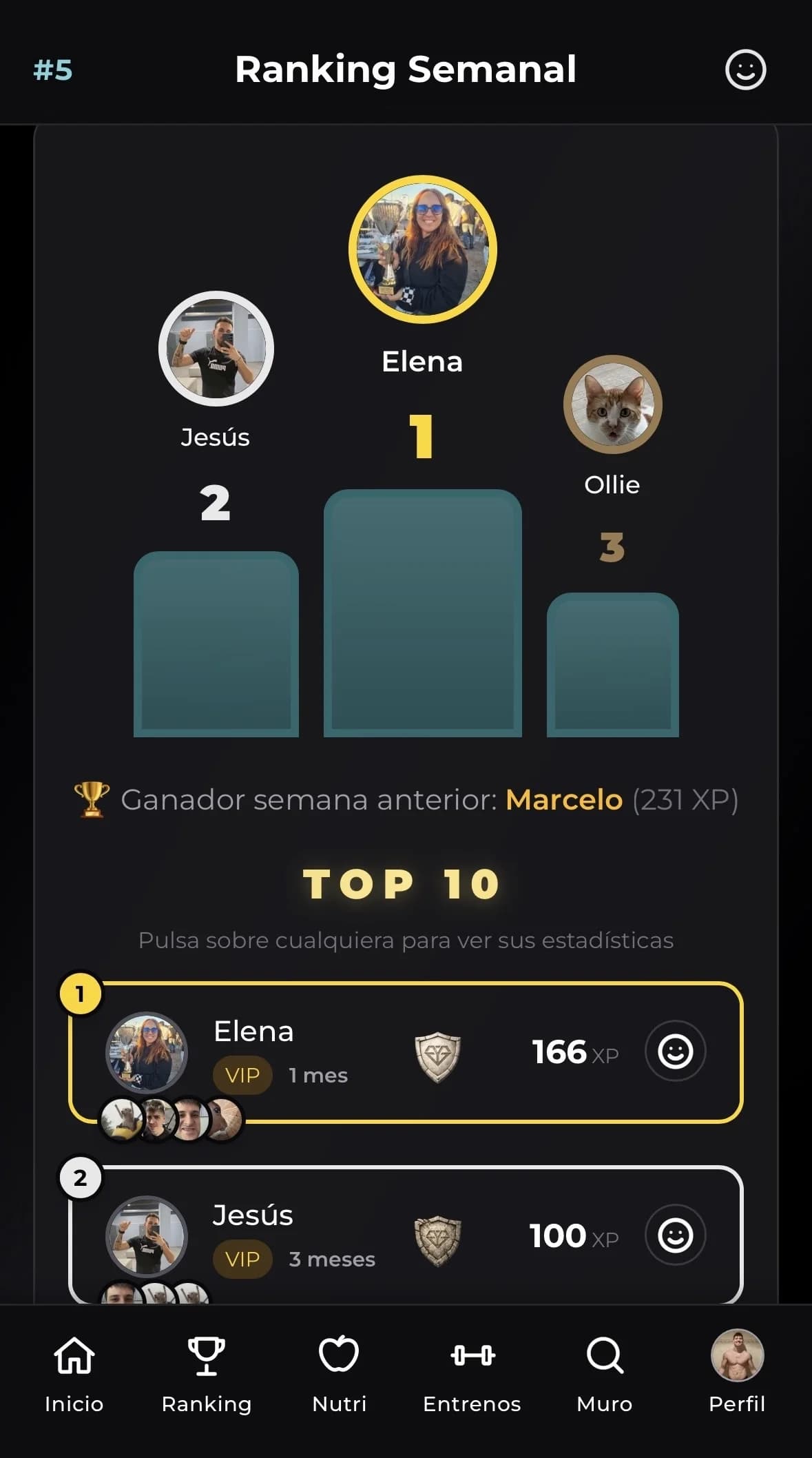 Vista previa de la app GymGlow: ranking semanal entre usuarios